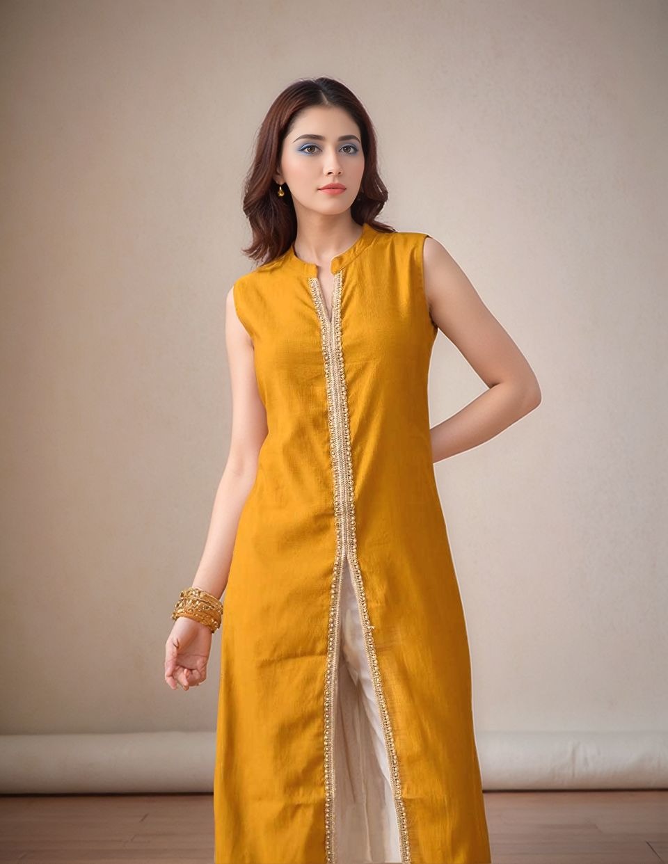 Myshka Women Kurta Set Yellow Laced Panel Kurta with Palazzo Round Neck A-line