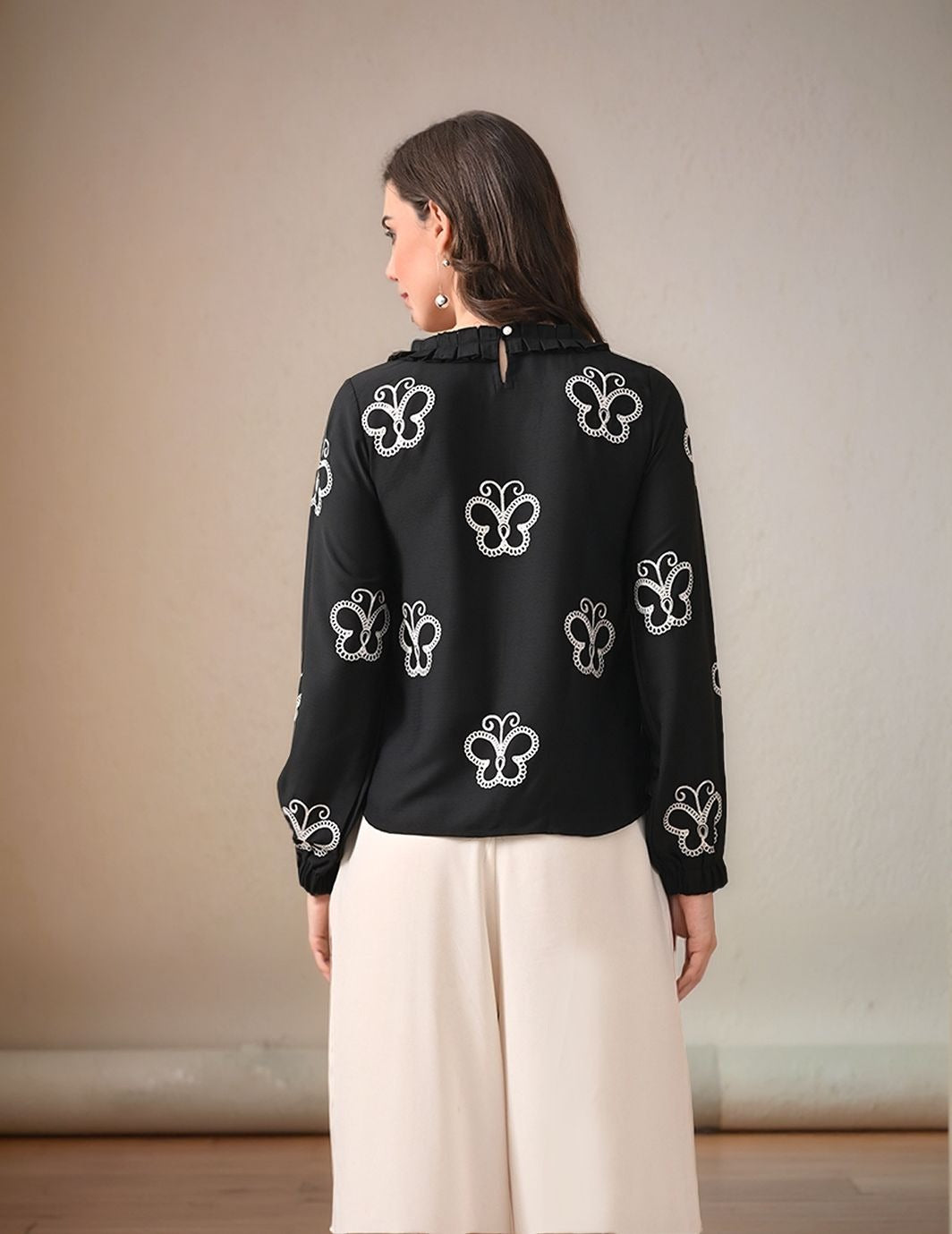 Myshka Women Black Butterfly Embroidered Shirt style Top
