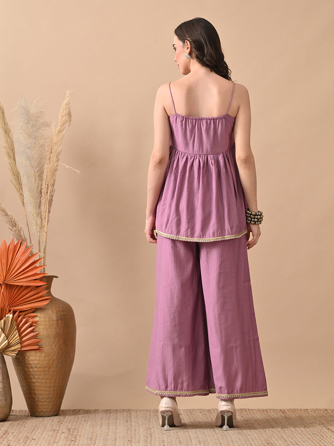 Myshka Women Lavender Self Design Peplum Top Trouser Festive