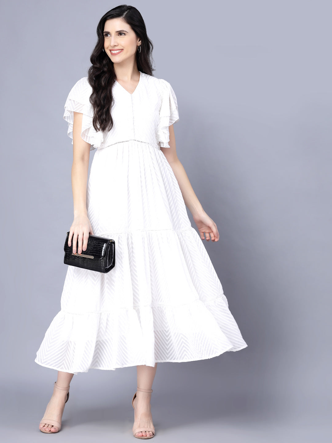 Myshka Georgette Solid Short Sleeve V Neck White Women Dress