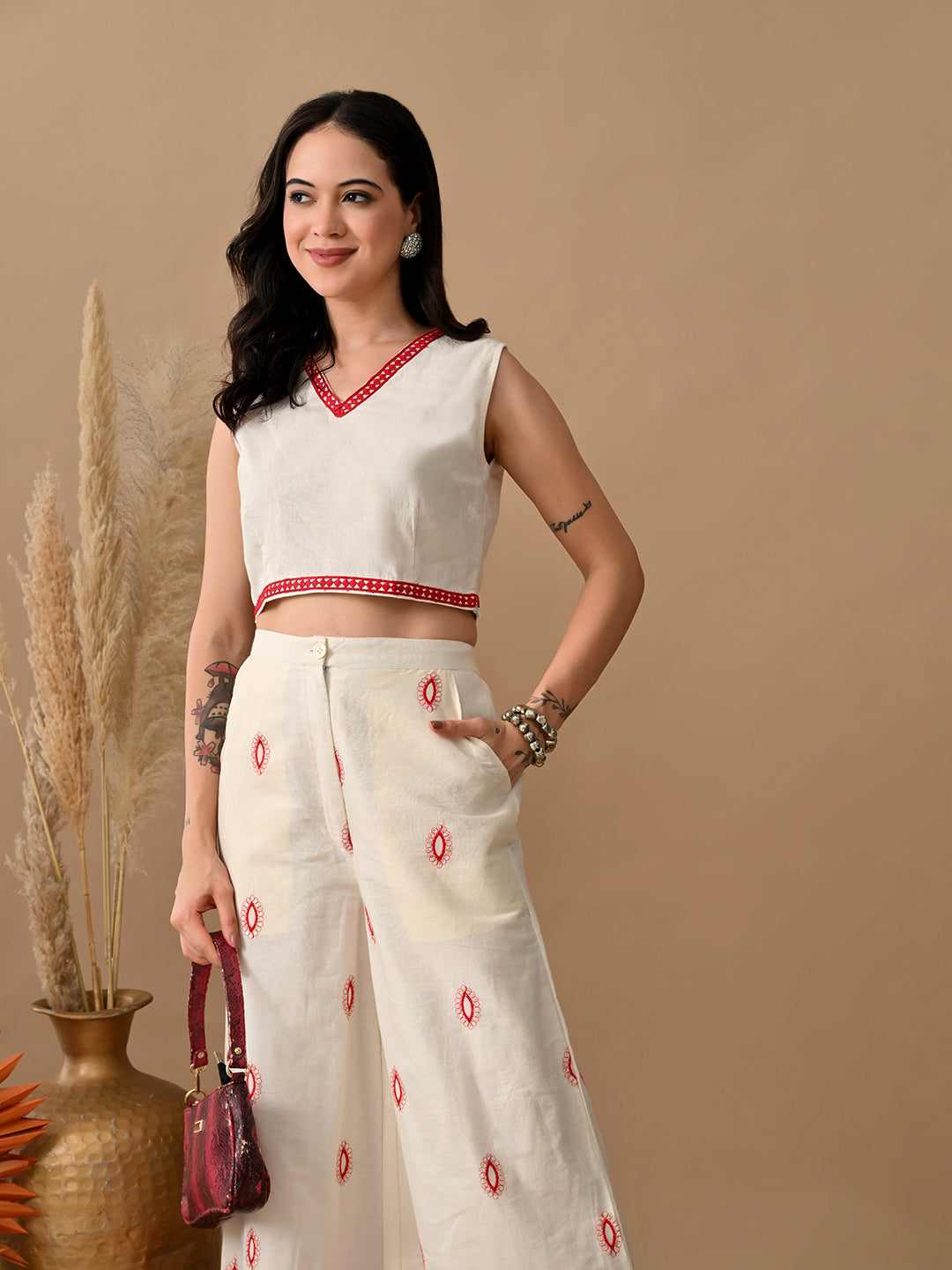 Myshka Women Red Ethnic Motif Embroidered & Laced Sleeveless Top Trouser Festive