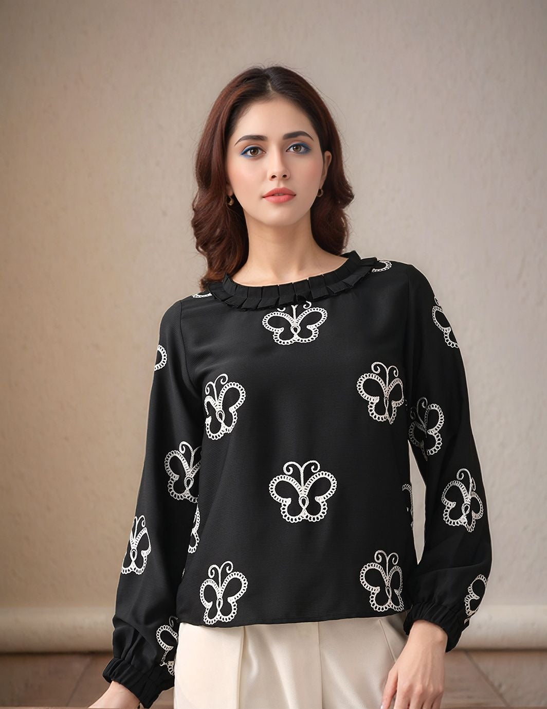 Myshka Women Black Butterfly Embroidered Shirt style Top