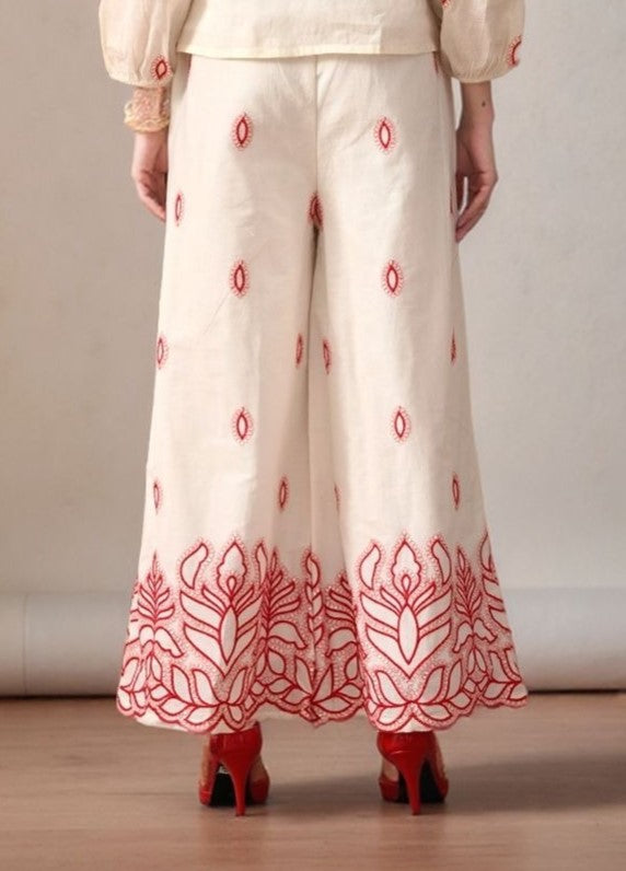 Myshka Women Red Ethnic Motif Embroidered Flared Trouser