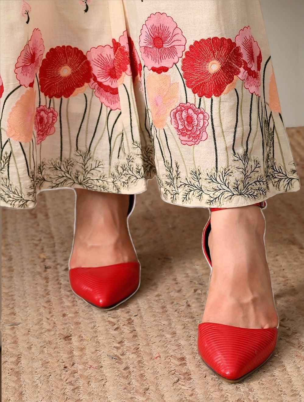 Myshka Women Red Thread Floral Embroidered Flared Trouser