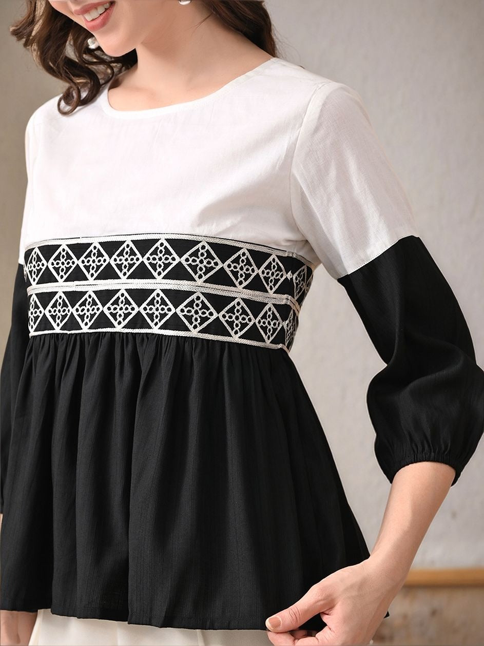 Myshka Women Black & White Embroidered Peplum Top with Regular Fit