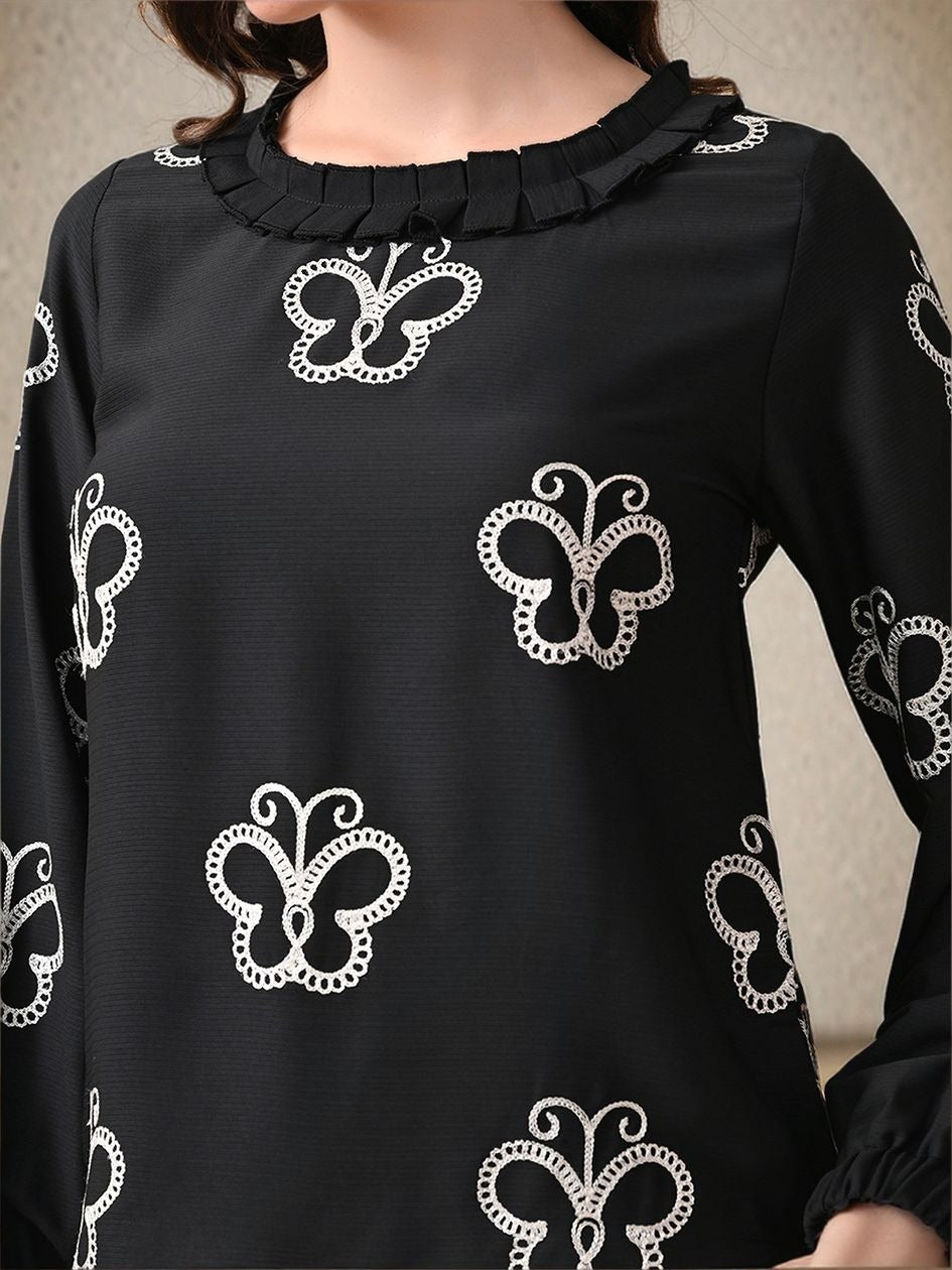 Myshka Women Black Butterfly Embroidered Shirt style Top