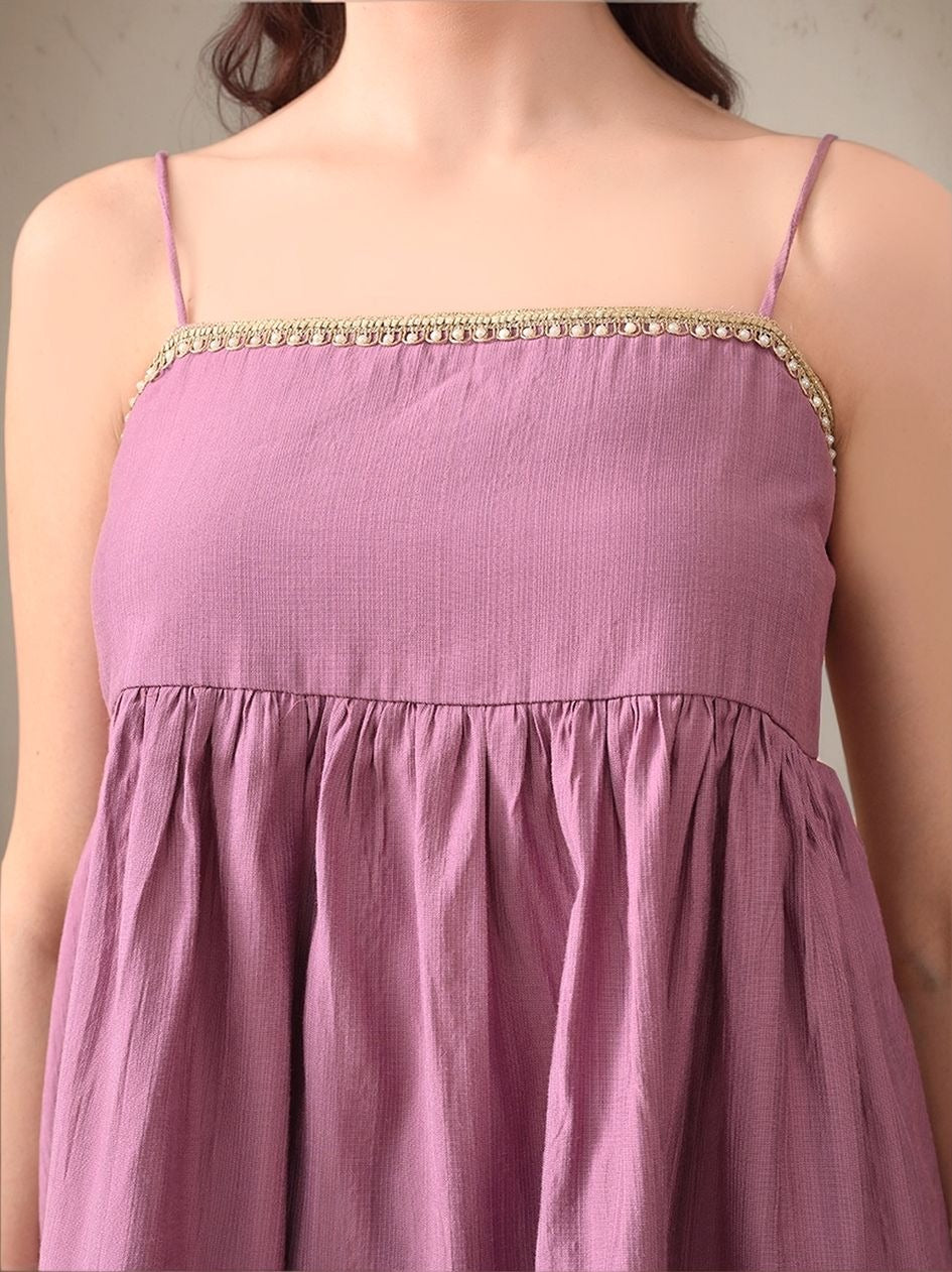 Myshka Women Lavender Laced Peplum Longline Top Shoulder Strap