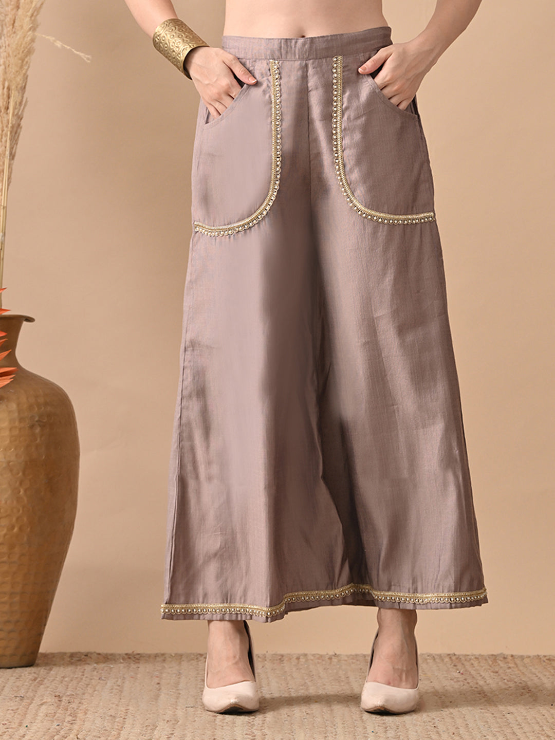 Myshka Women Grey Self Design Tube Top Trouser Festive
