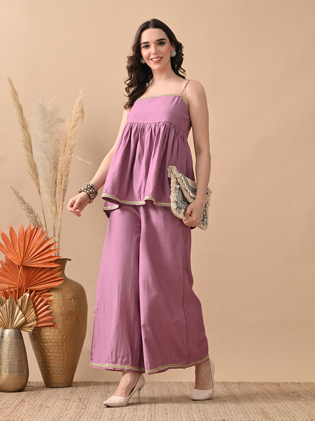 Myshka Women Lavender Self Design Peplum Top Trouser Festive