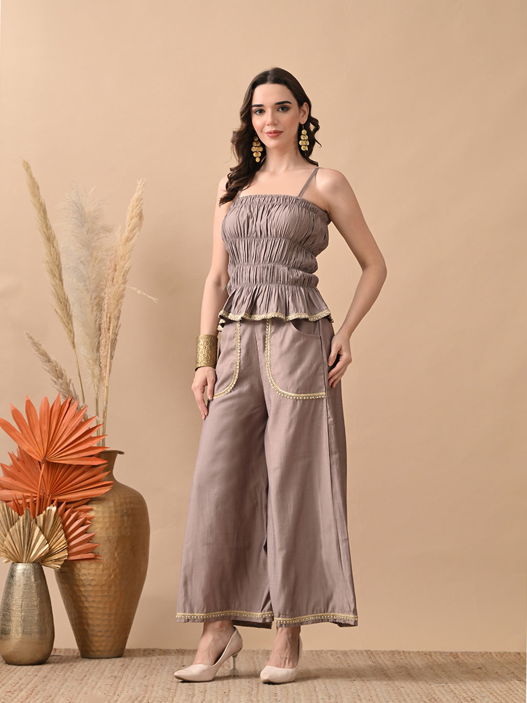 Myshka Women Grey Self Design Tube Top Trouser Festive