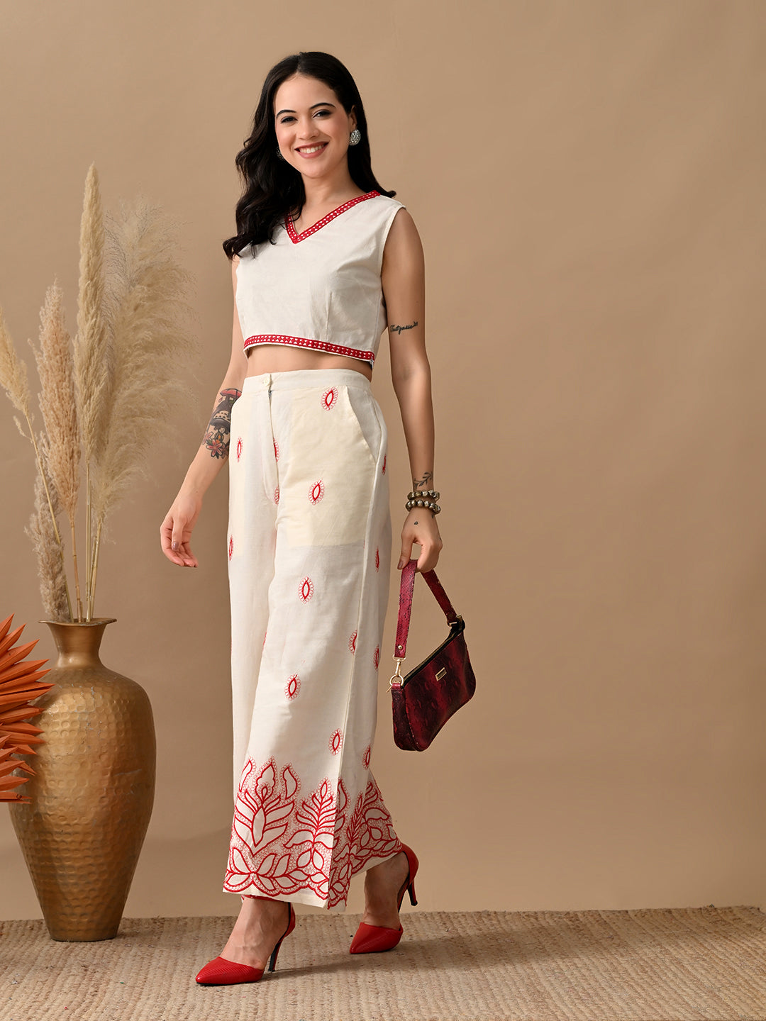 Myshka Women Red Ethnic Motif Embroidered & Laced Sleeveless Top Trouser Festive