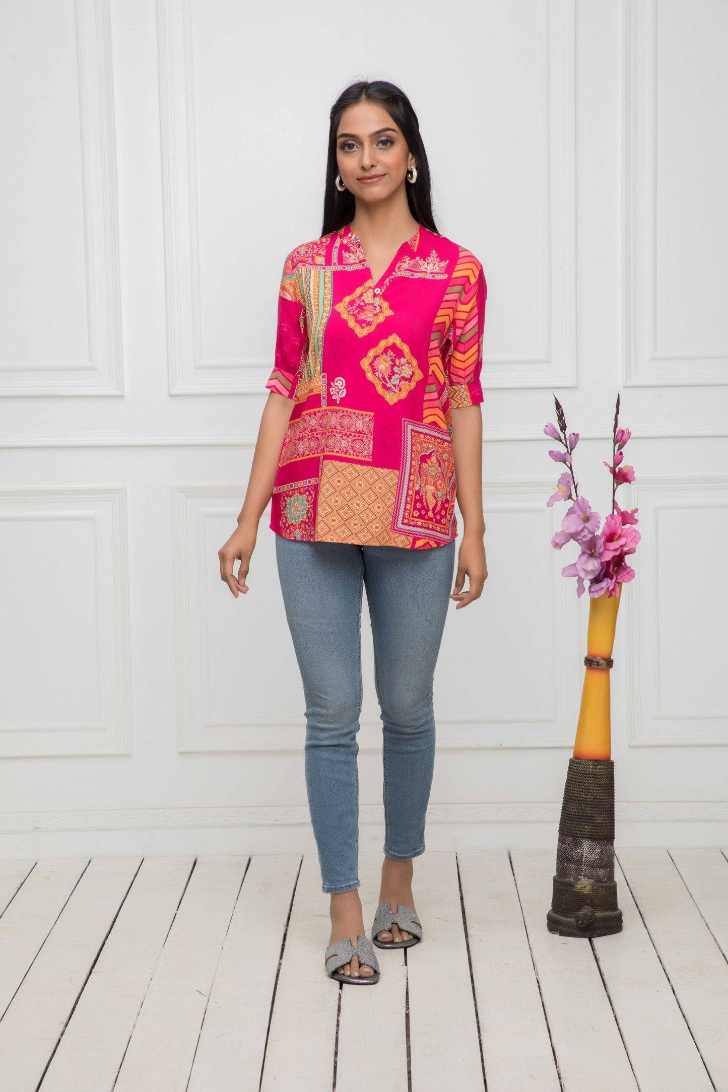 Women's Pink Floral Mandarin Collar Regular Sleeves Viscose Rayon Top Myshka