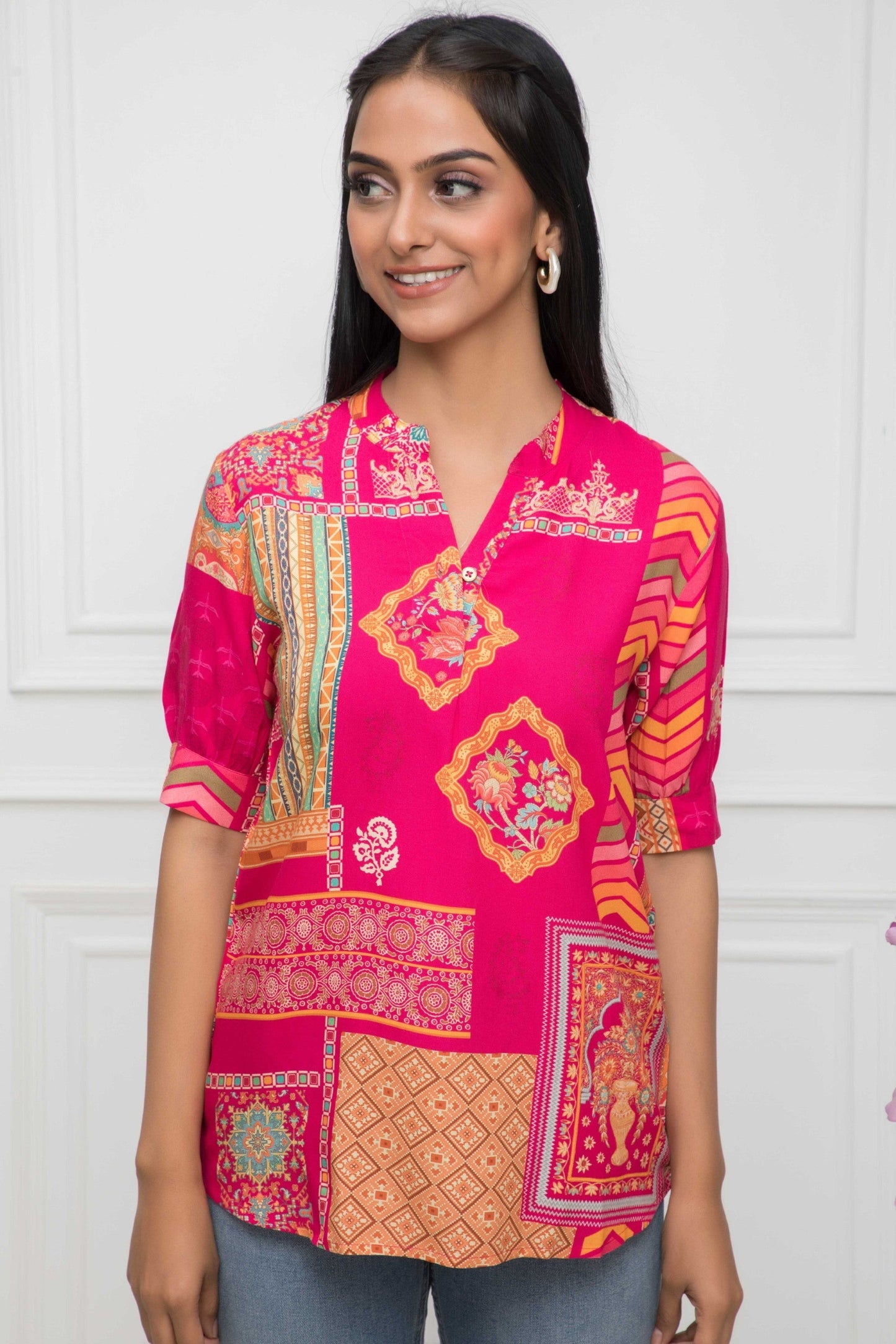 Women's Pink Floral Mandarin Collar Regular Sleeves Viscose Rayon Top Myshka