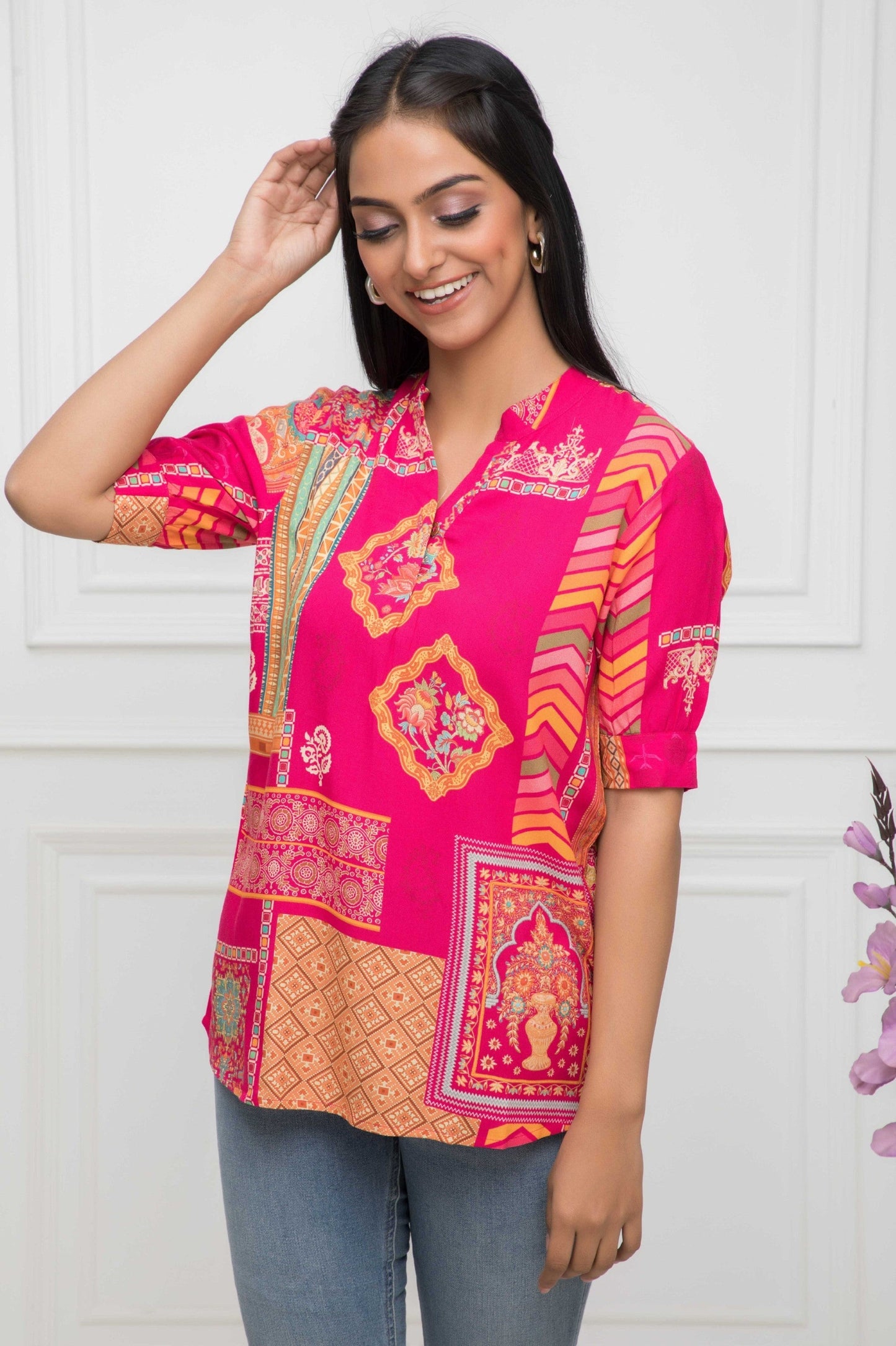 Women's Pink Floral Mandarin Collar Regular Sleeves Viscose Rayon Top Myshka