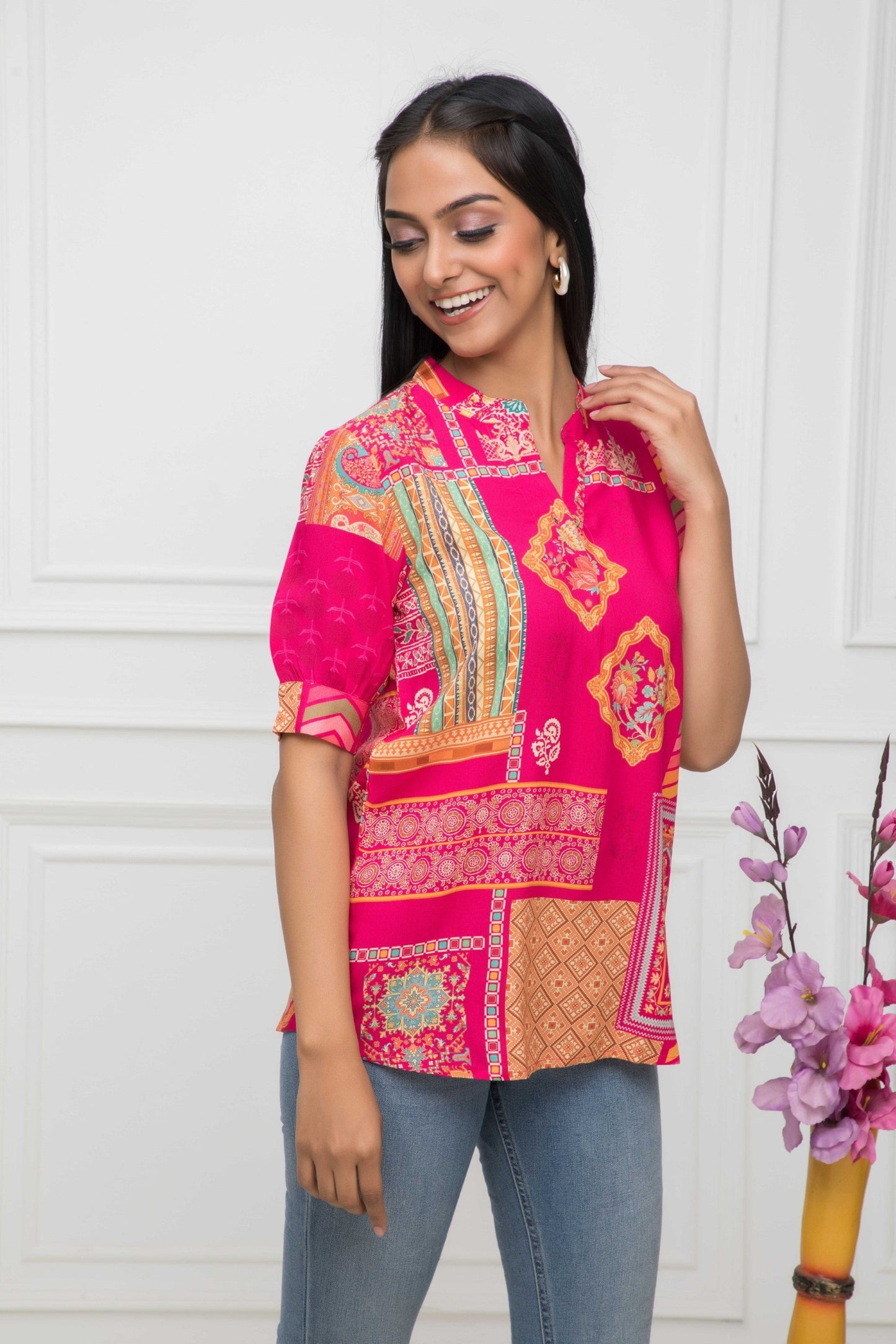 Women's Pink Floral Mandarin Collar Regular Sleeves Viscose Rayon Top Myshka