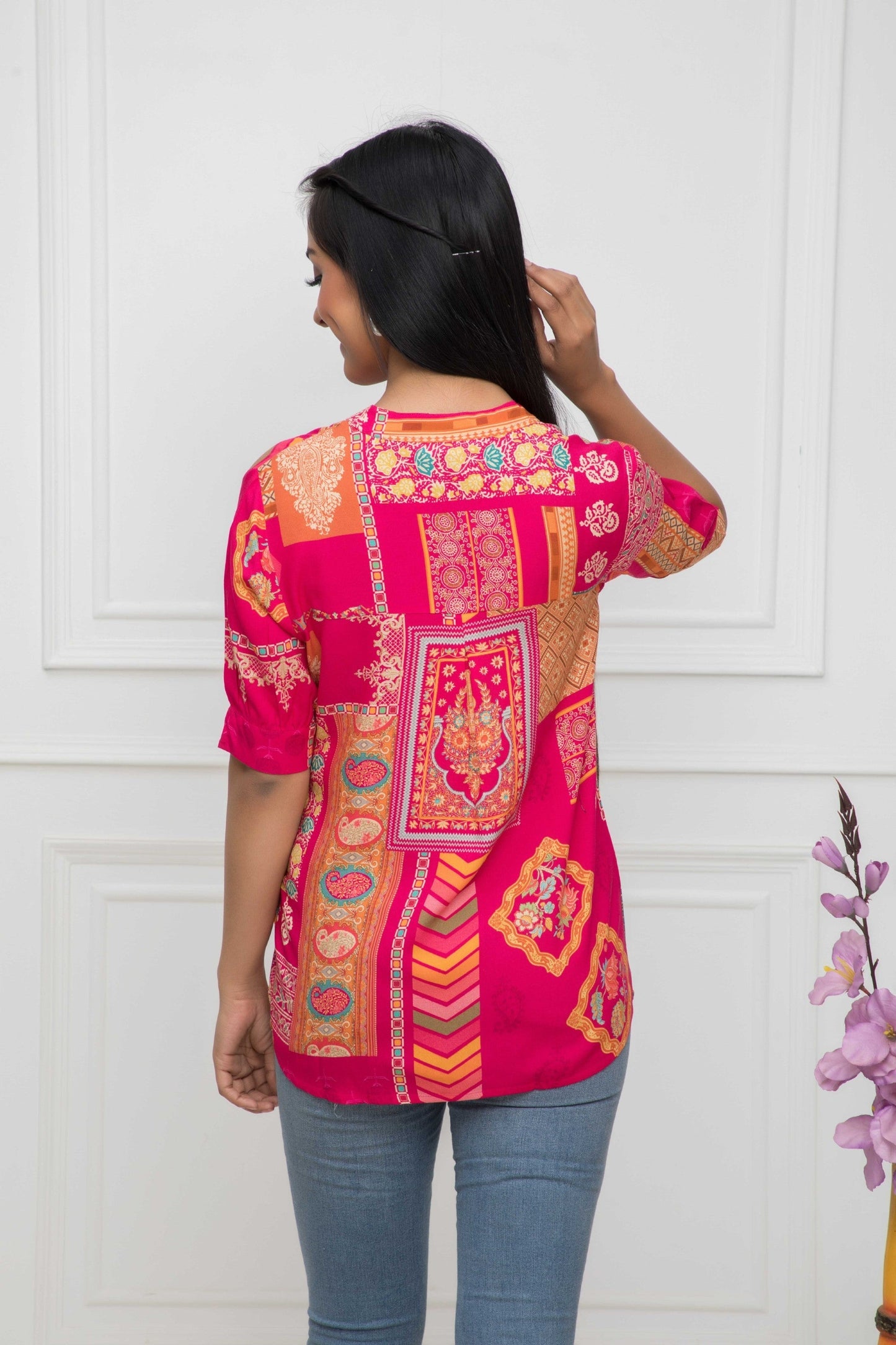 Women's Pink Floral Mandarin Collar Regular Sleeves Viscose Rayon Top Myshka