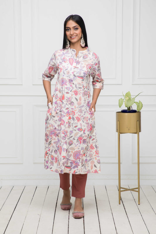 Women's Multi Floral Cotton A-Line Round Neck Kurtas Myshka