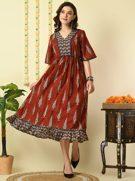 Myshka Women's Rust Printed Cotton Party Dress Myshka
