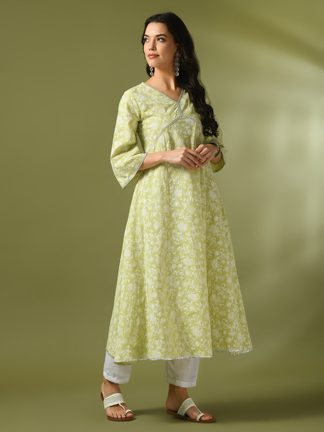 Women's Lime Green Printed Cotton Anarkali Party Kurta Sets  - Myshka