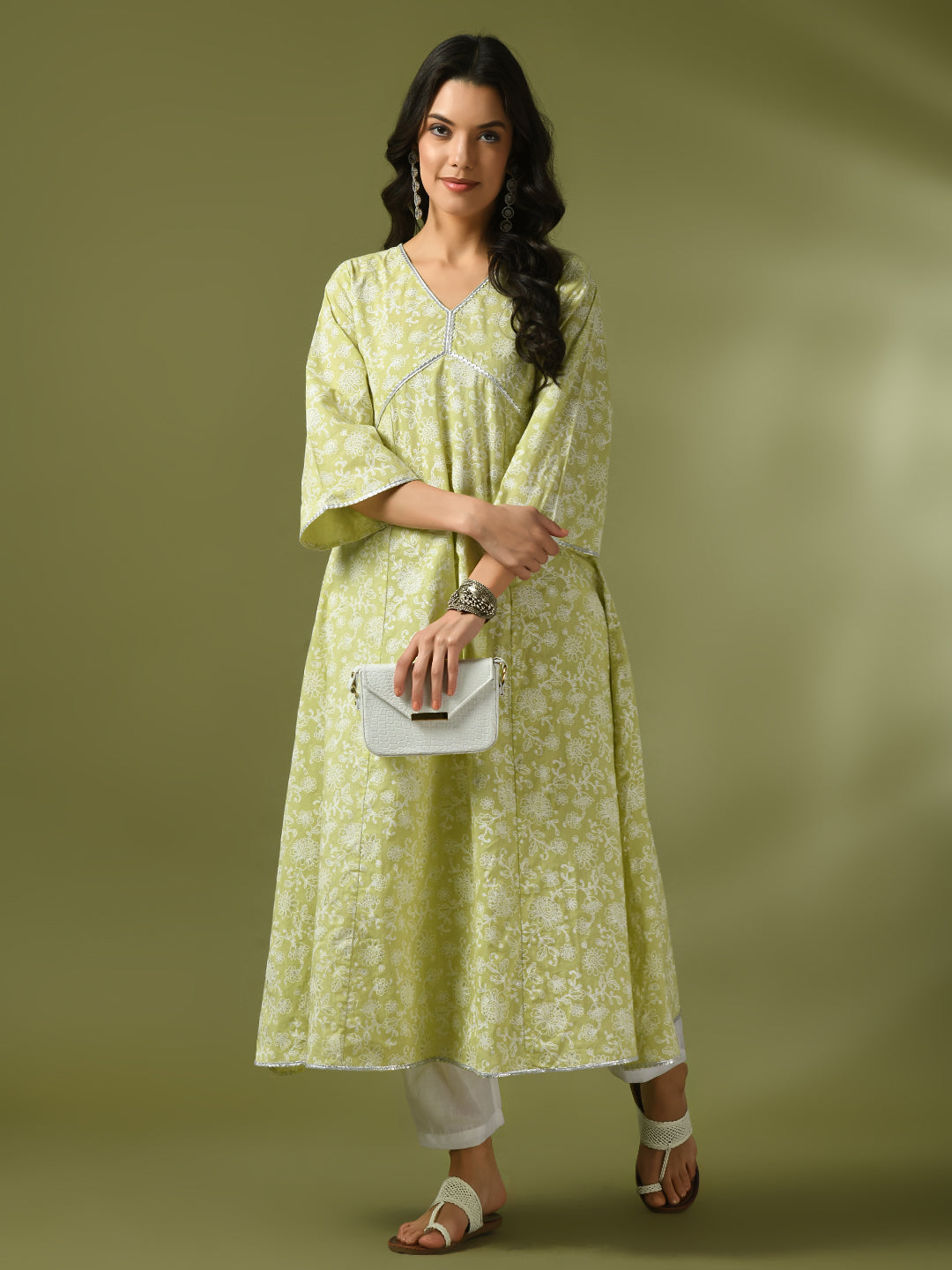 Women's Lime Green Printed Cotton Anarkali Party Kurta Sets  - Myshka