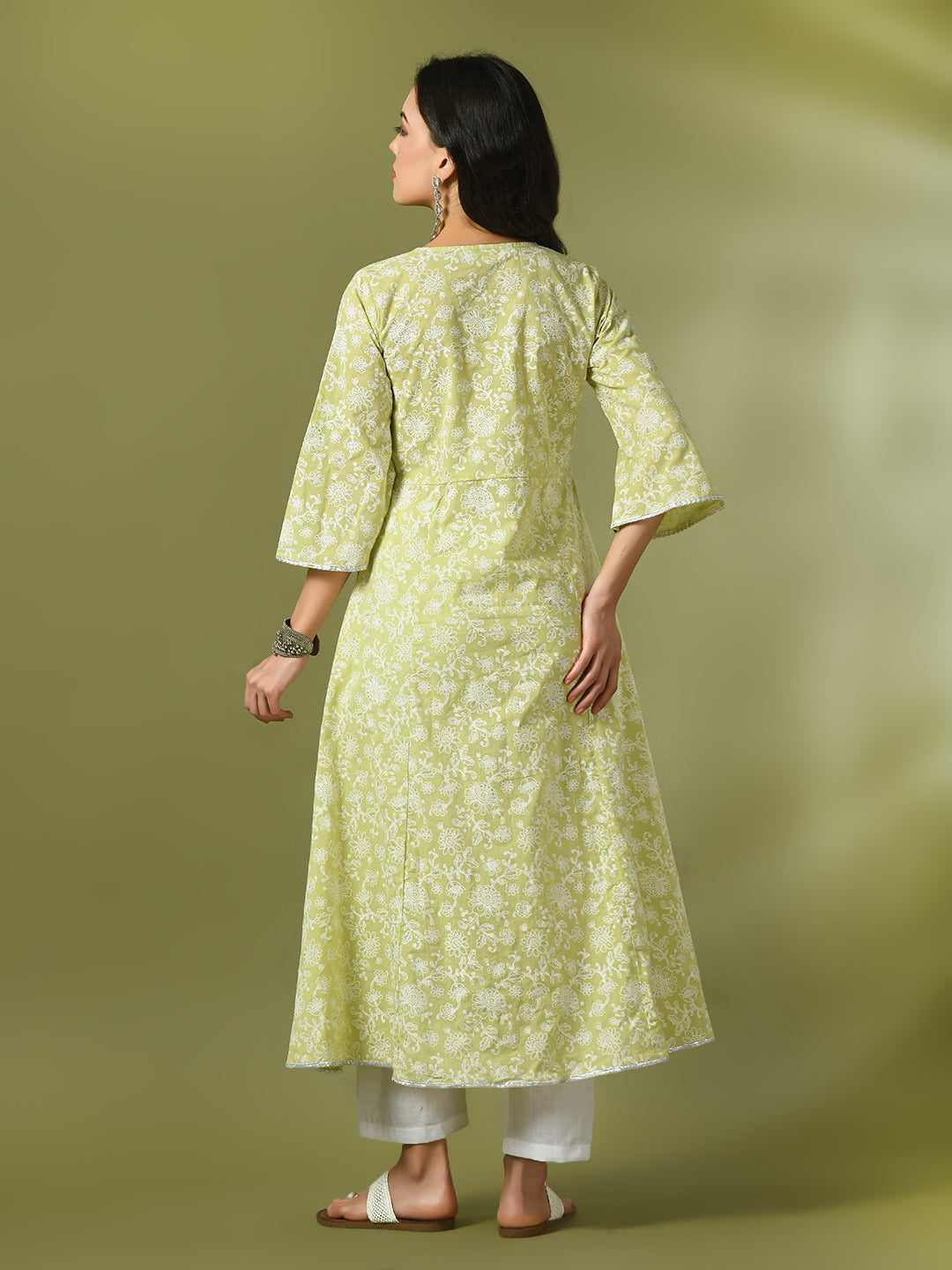 Women's Lime Green Printed Cotton Anarkali Party Kurta Sets  - Myshka