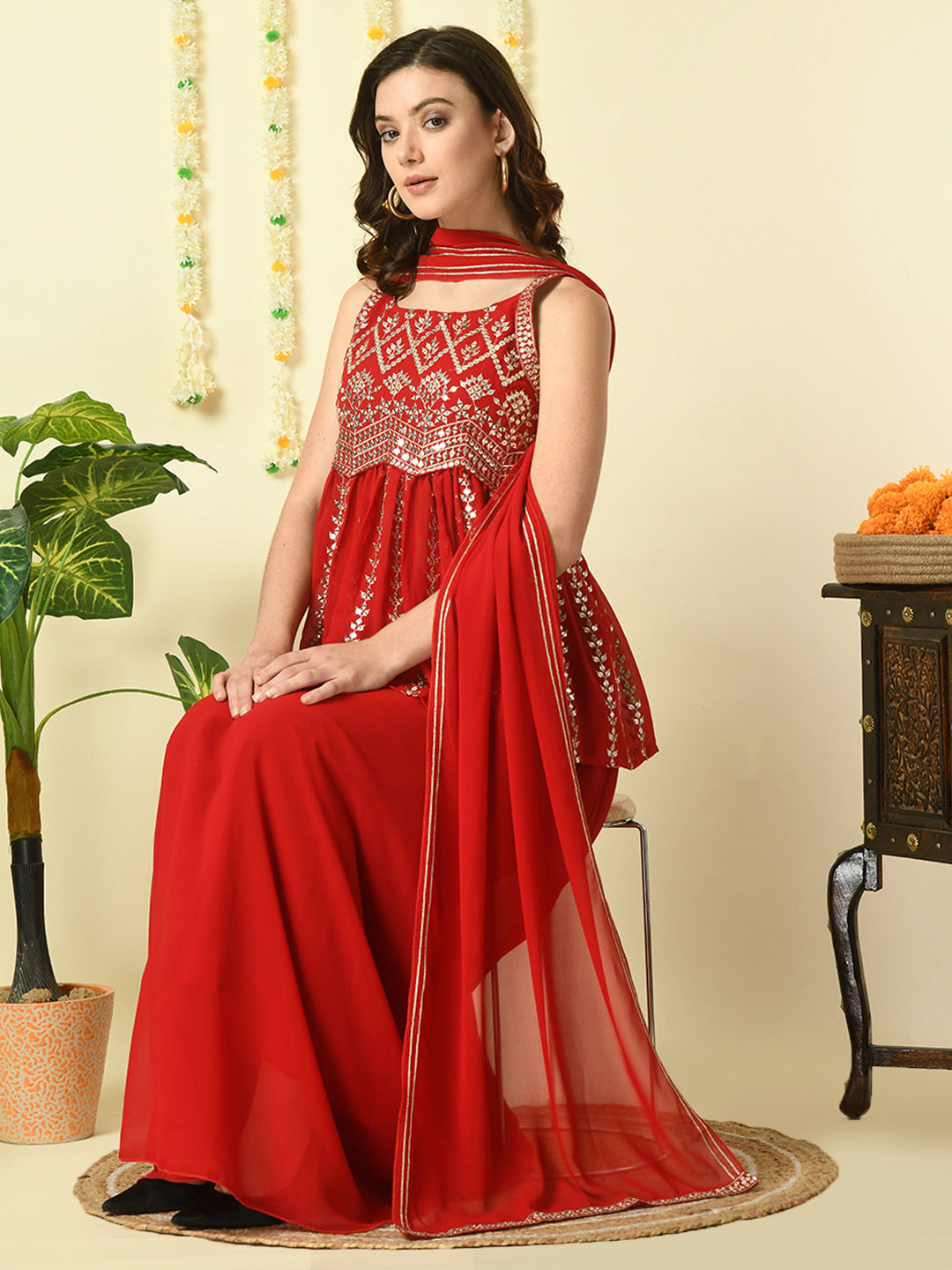 Women's Red  Georgette Top & Skirt With Dupatta Party Sets Myshka