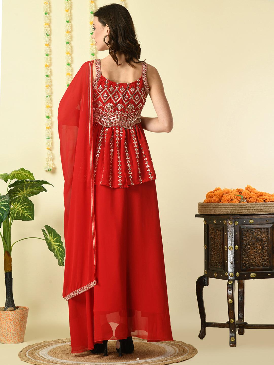 Women's Red  Georgette Top & Skirt With Dupatta Party Sets Myshka