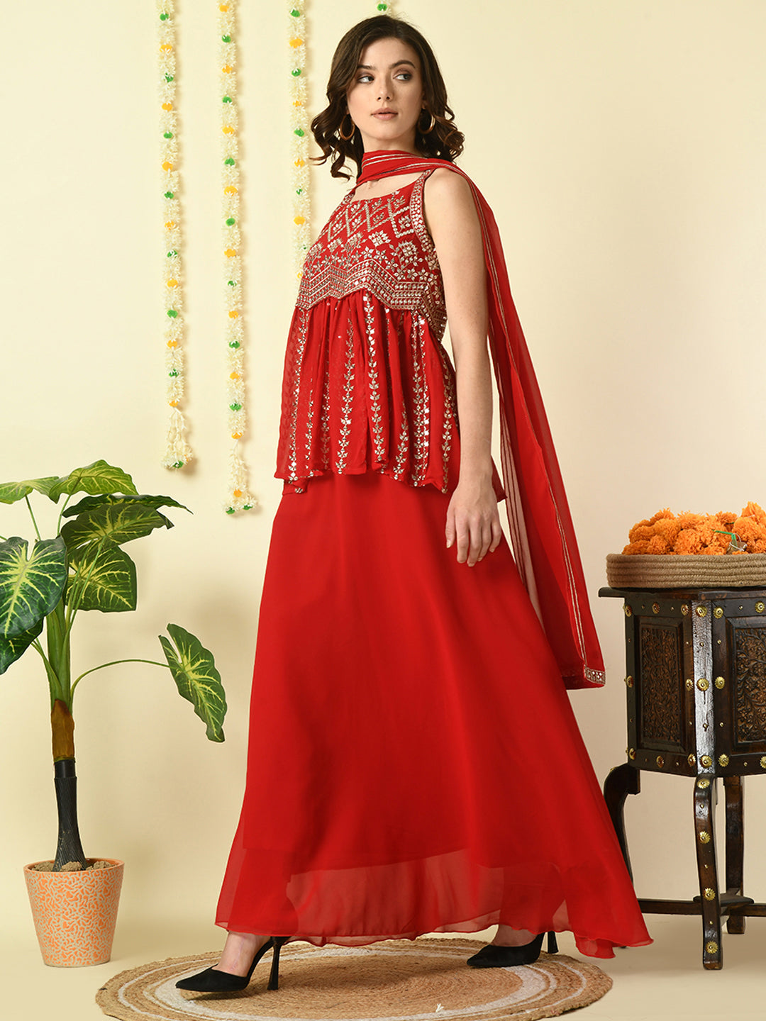 Women's Red  Georgette Top & Skirt With Dupatta Party Sets Myshka