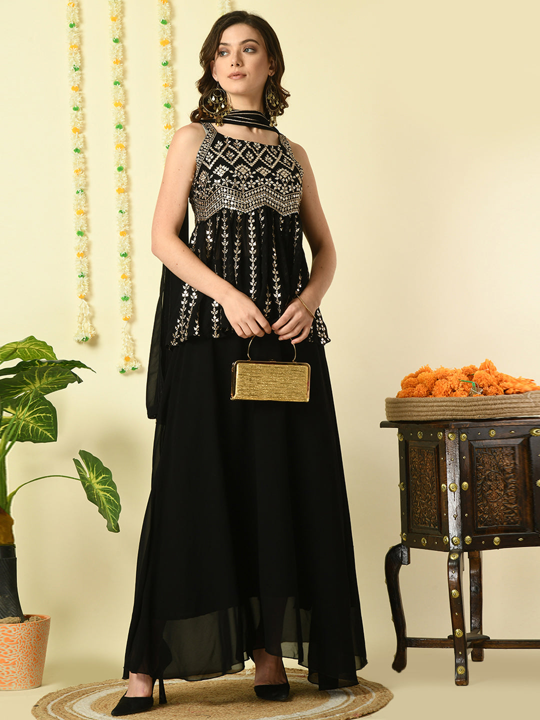 Women's Black  Georgette Top & Skirt With Dupatta Party Sets Myshka