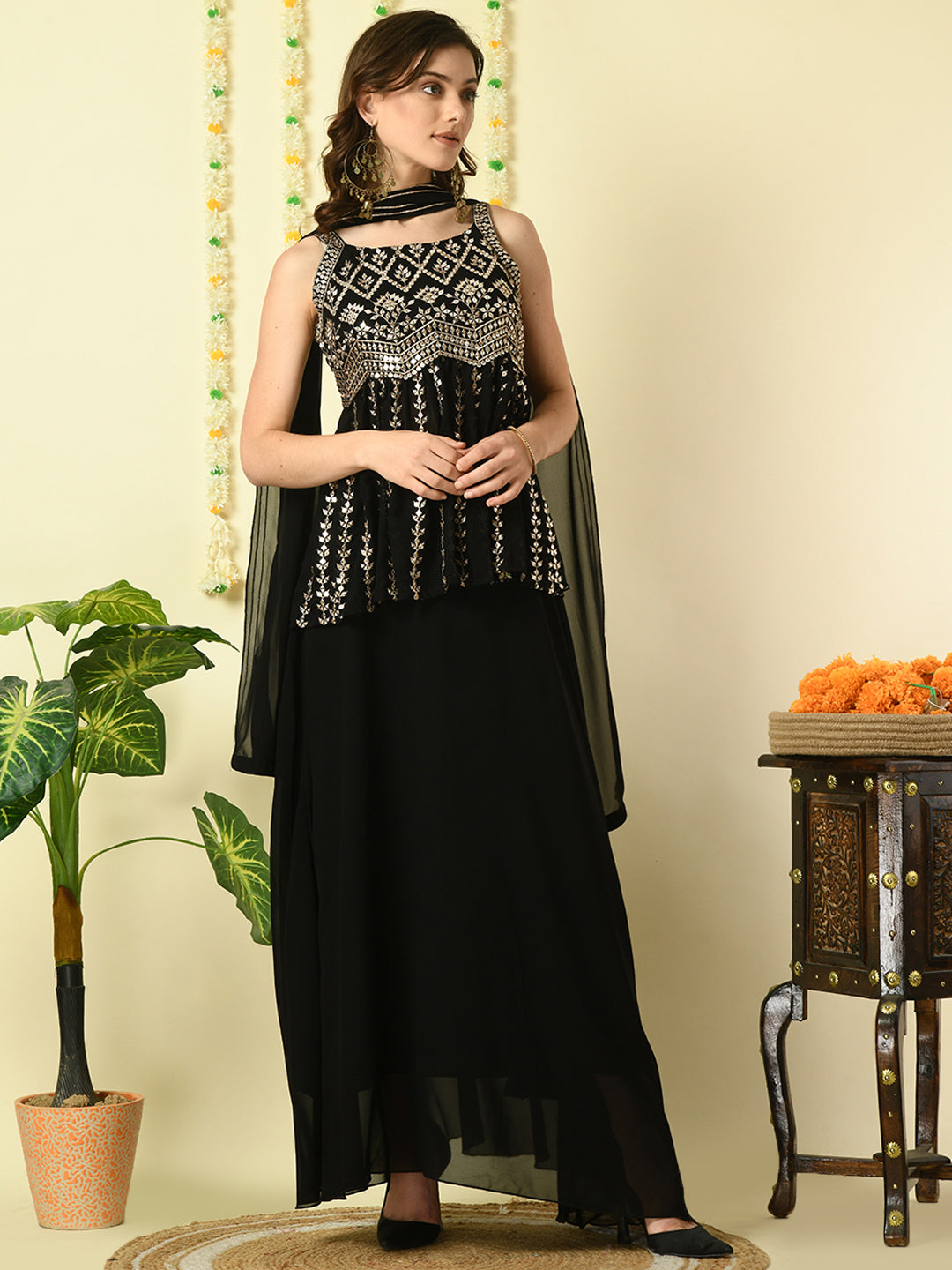 Women's Black  Georgette Top & Skirt With Dupatta Party Sets Myshka