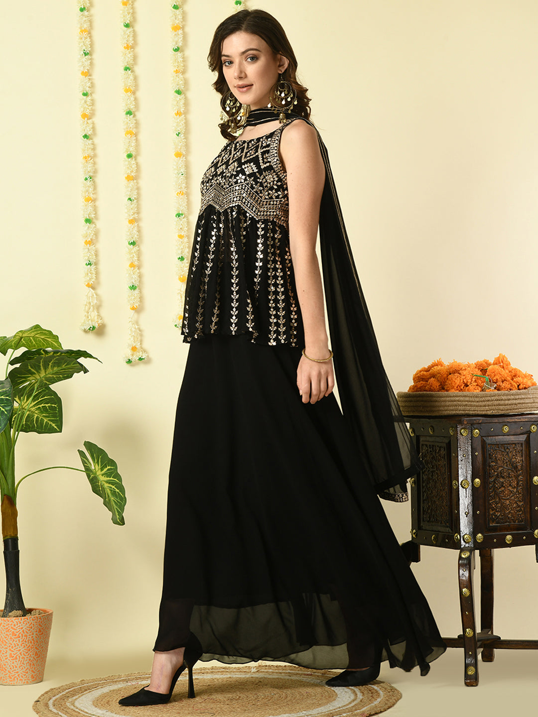Women's Black  Georgette Top & Skirt With Dupatta Party Sets Myshka