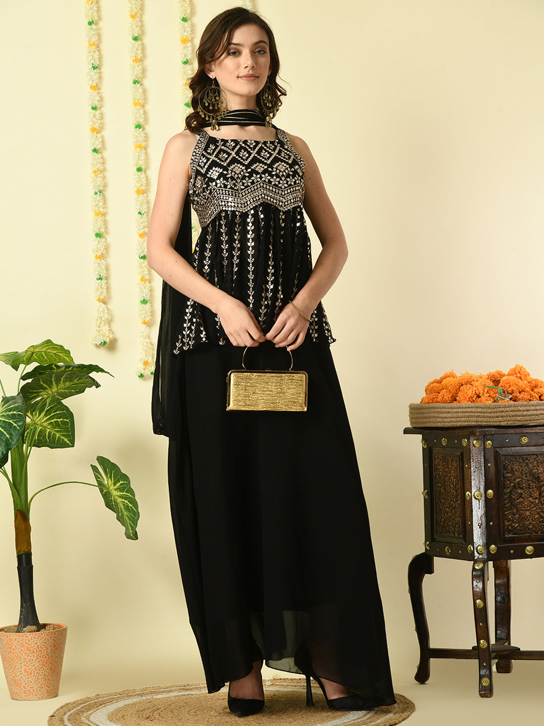 Women's Black  Georgette Top & Skirt With Dupatta Party Sets Myshka