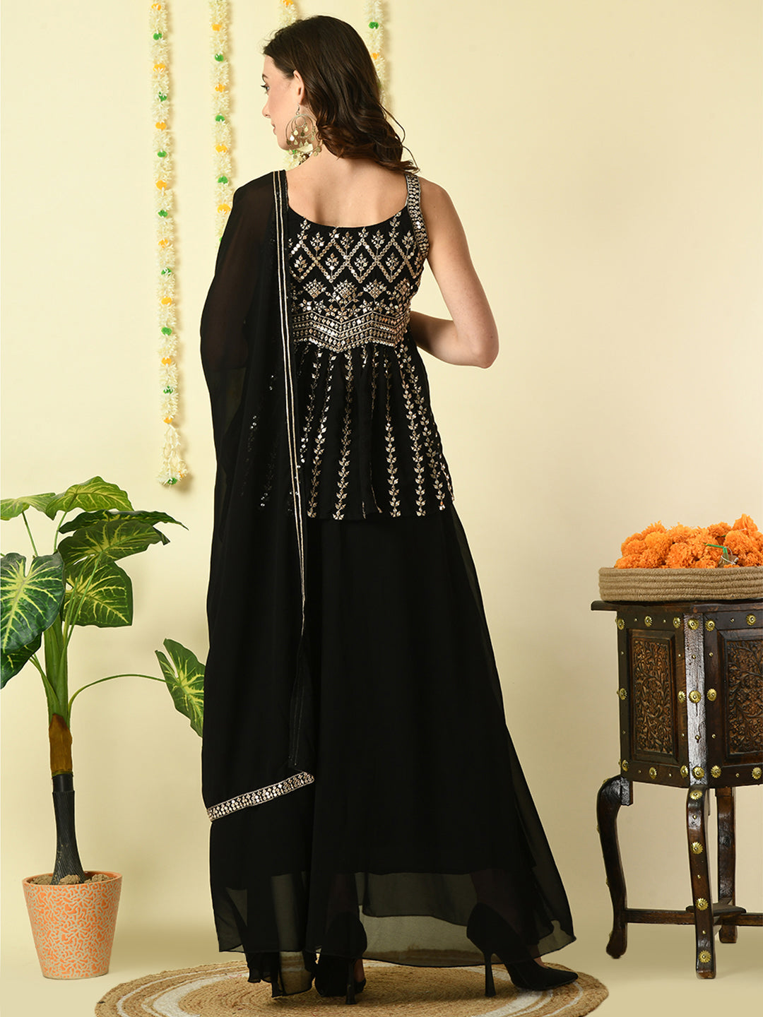 Women's Black  Georgette Top & Skirt With Dupatta Party Sets Myshka