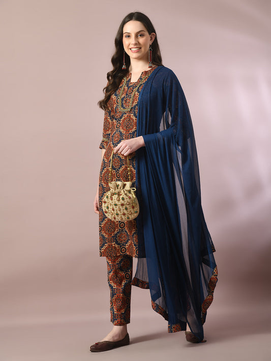 Women's  Multi Printed Cotton Straight Party Kurta Sets With Dupatta - Myshka